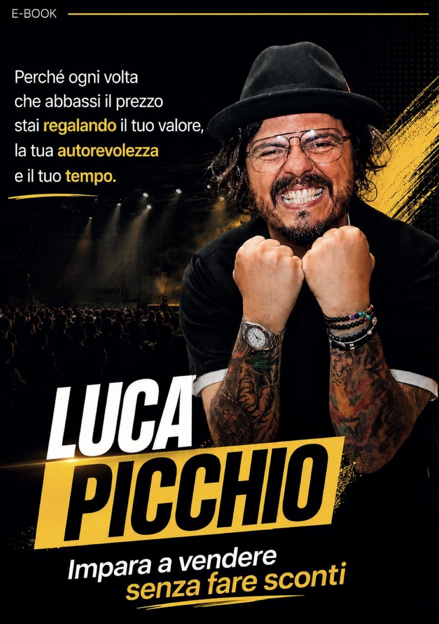 Copertina dell'e-book «Impara a vendere senza fare sconti»: Luca Picchio sorridente con i pugni chiusi