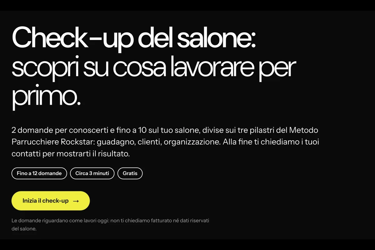 La pagina del check-up del salone sul nuovo sito: «Check-up del salone: scopri su cosa lavorare per primo.», fino a 12 domande, circa 3 minuti, gratis