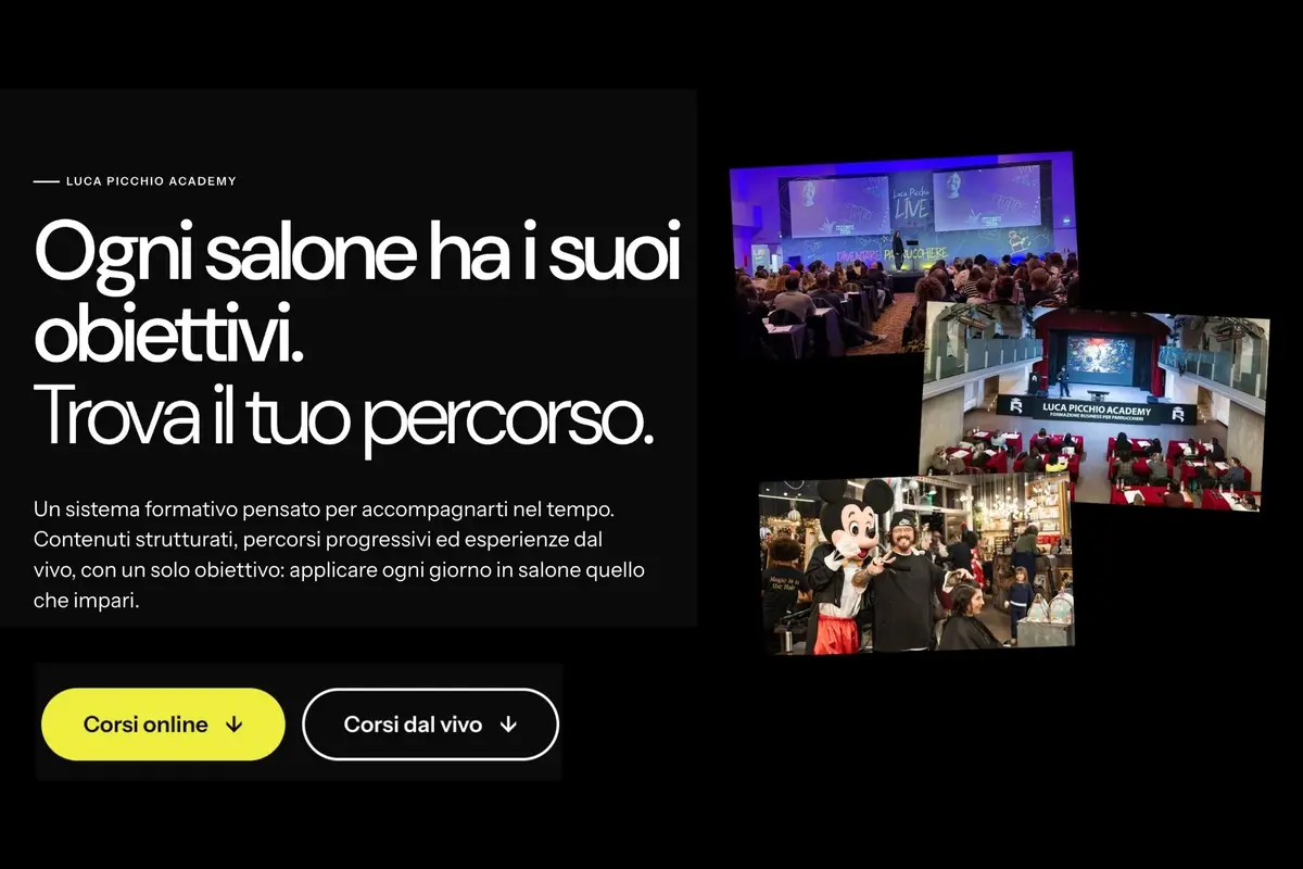 La pagina Corsi del nuovo sito: «Ogni salone ha i suoi obiettivi. Trova il tuo percorso.», con i corsi online e i corsi dal vivo