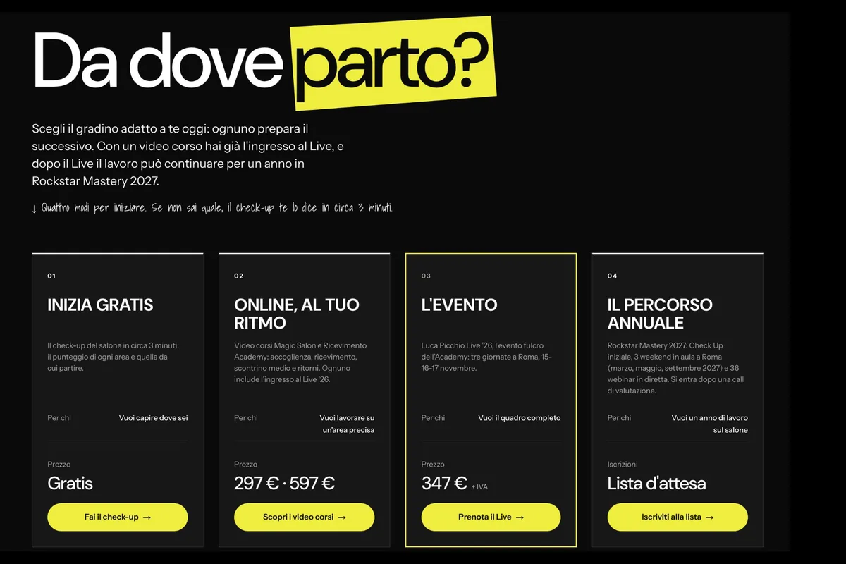 La pagina «Da dove parto?» del nuovo sito: quattro modi per iniziare, dal check-up gratuito al percorso annuale Rockstar Mastery 2027